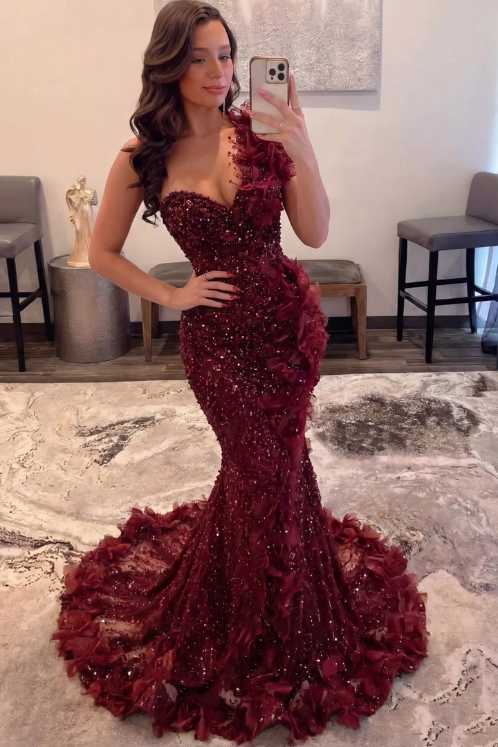 The Bordeaux Bloom - 2026 One-Shoulder Sequin Mermaid Gown: 3D Floral Appliqués &amp; Crushed Garnet Beadwork