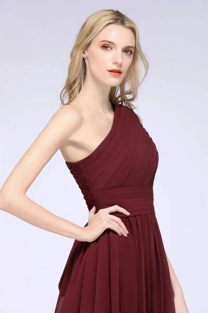 One-Shoulder Sleeveless Knee-Length Bridesmaid Dress with Ruffles Formal Party Dress by misshow.com