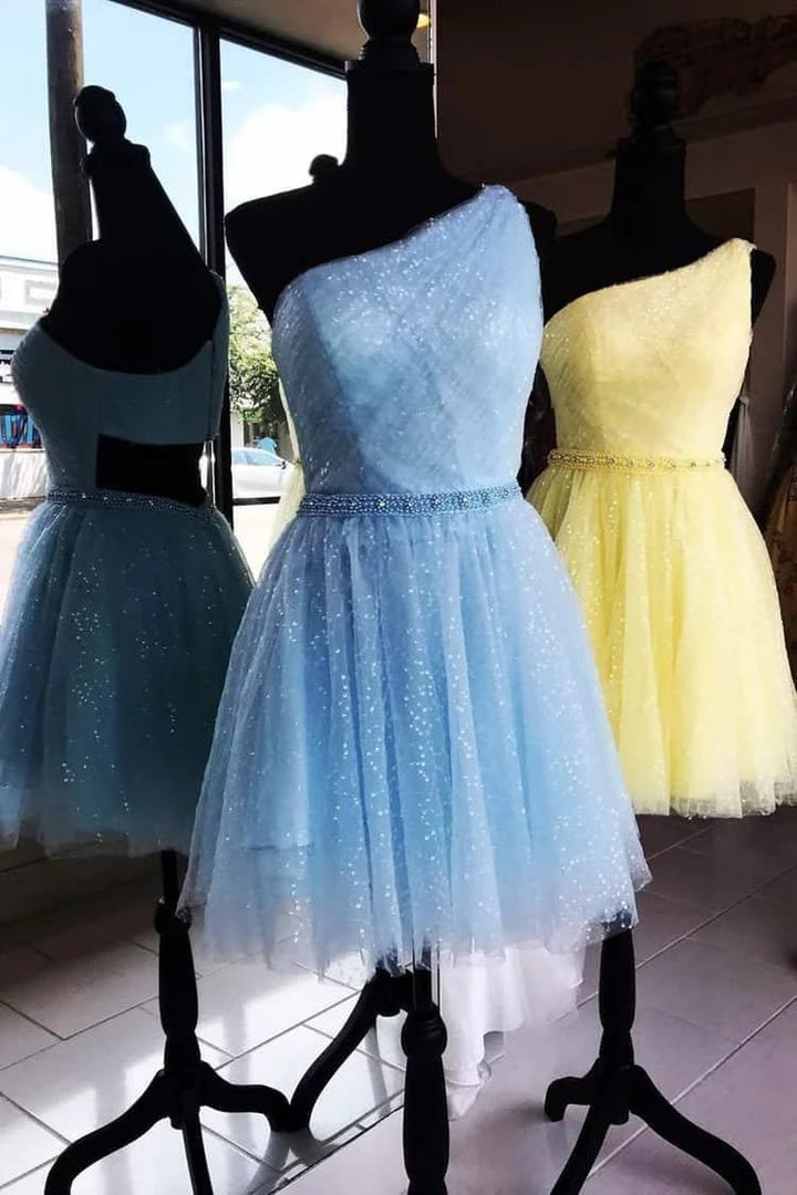 One Shoulder Yellow Chic Tulle Homecoming Dress Cute Graduation Dress PD374 by pgmdress