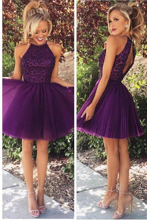 Open Back Halter Purple Beaded Homecoming Cocktail Dresses PG020 by pgmdress
