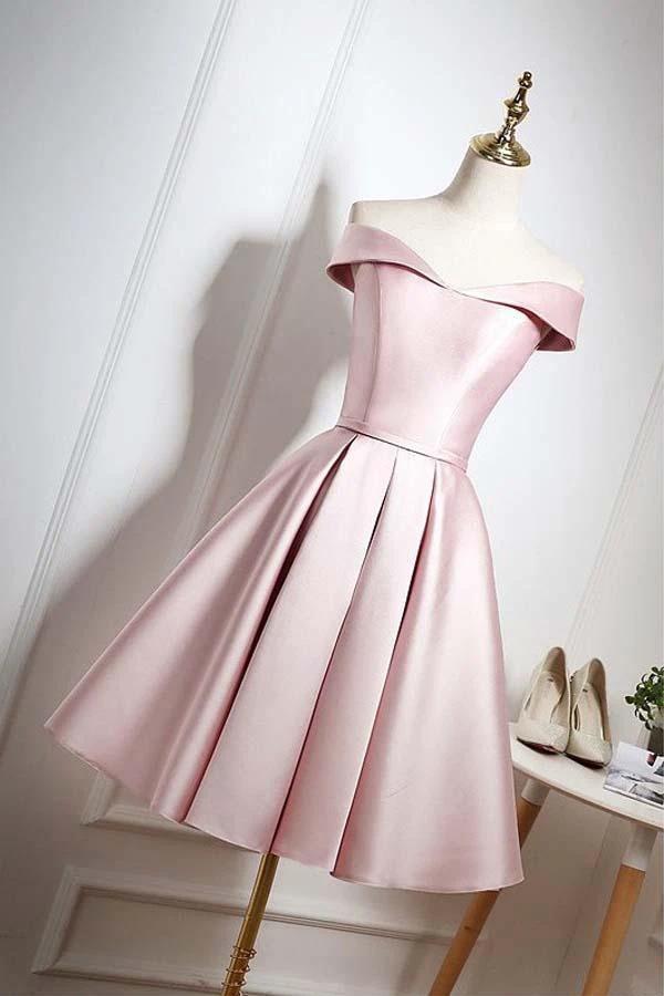 Pearl Pink Off Shoulder Knee Length Party/Homecoming Dress with Ruffle PD044 by pgmdress