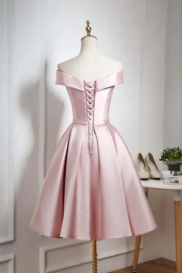 Pearl Pink Off Shoulder Knee Length Party/Homecoming Dress with Ruffle PD044 by pgmdress