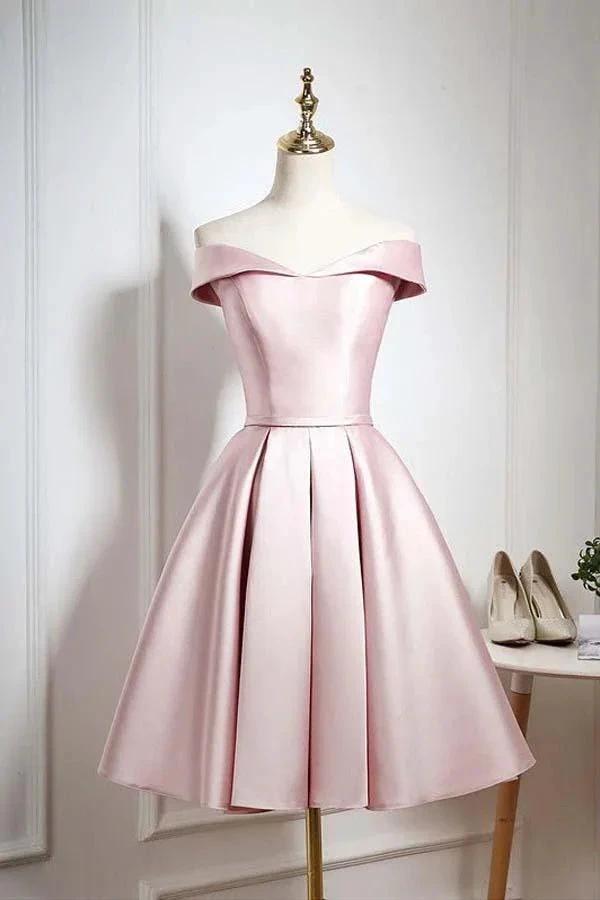 Pearl Pink Off Shoulder Knee Length Party/Homecoming Dress with Ruffle PD044 by pgmdress