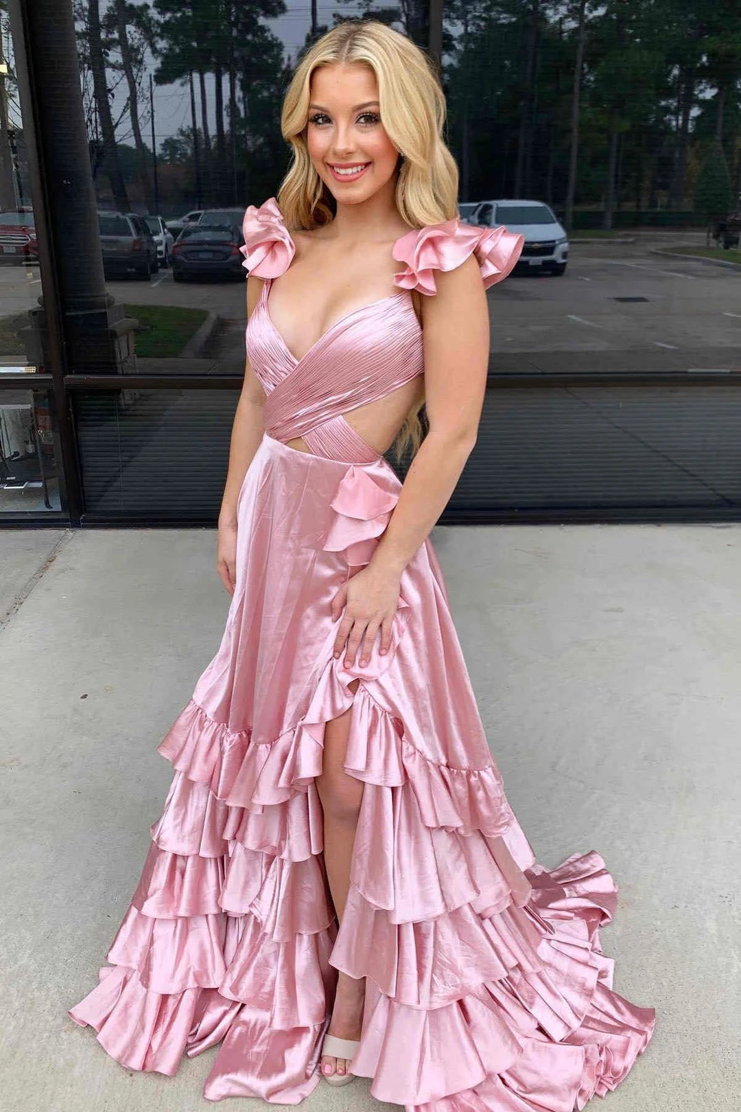 Brittany | Red Cutout Ruffle A-Line Long Prom Dress with Slit by KissProm