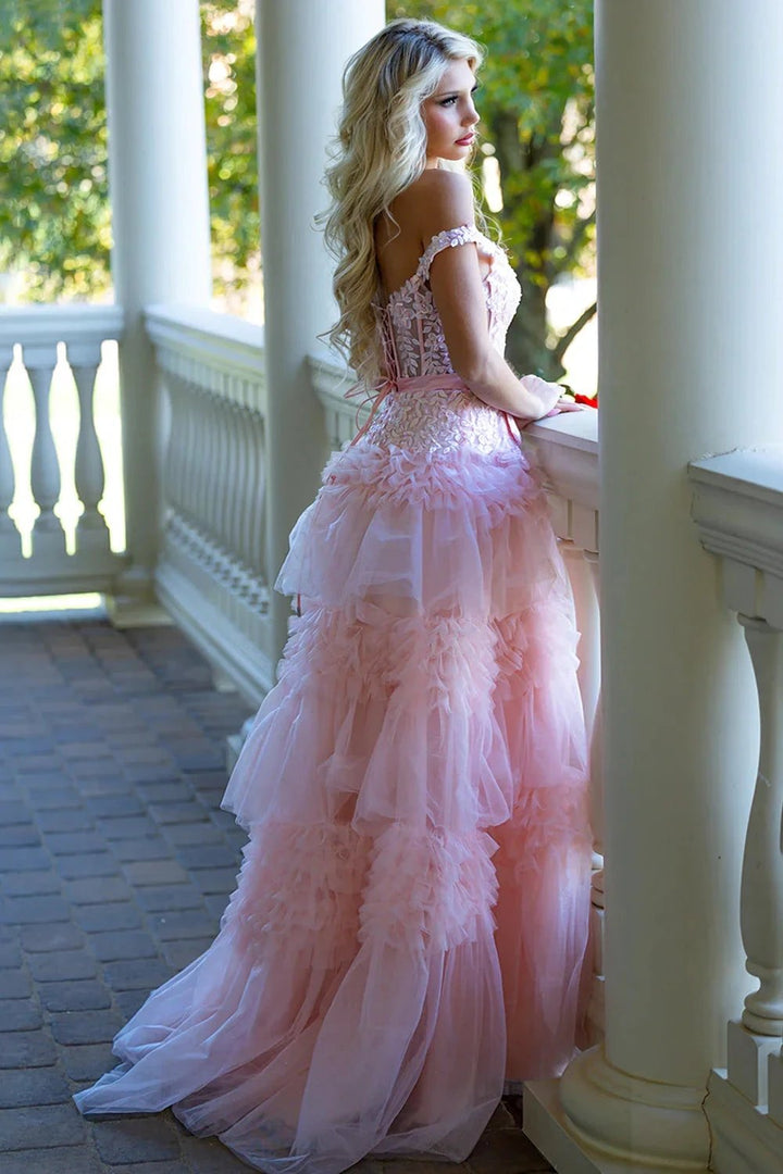 Pink A Line Tulle Ruffles Off the Shoulder Long Prom Dresses with Bow by KissProm