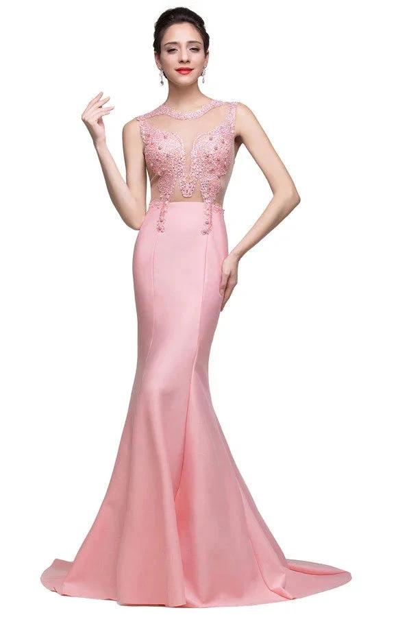 Pink Crew Sweep-length Mermaid Prom Dresses With Imitation Pearls by misshow.com