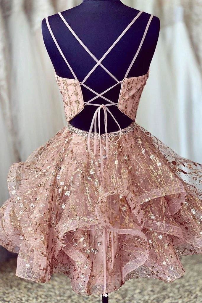 Pink Deep V-Neck Homecoming Dress Sequined Short Prom Dress PD426 by pgmdress