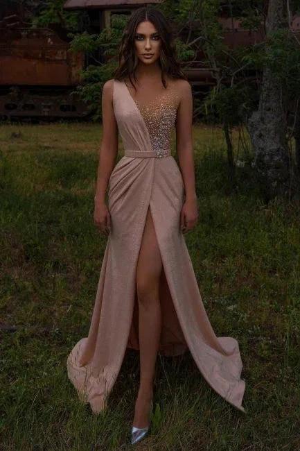 Pink Evening Dresses Long V Neck | Prom dresses with glitter by misshow.com
