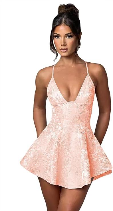 Short A-line Halter Backless Homecoming Dress Satin Ruffle Jacquard Party Dresses by Biztunnel