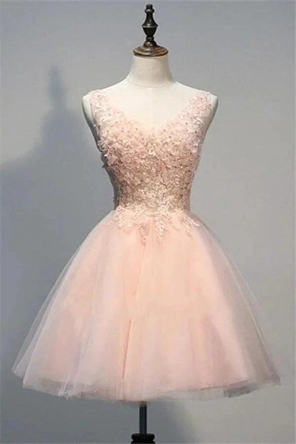Pink Lace Short Prom Dresses Evening Dresses With Lace Appliques A Line Tulle Evening Wear by misshow.com