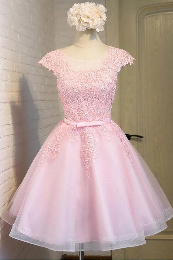 Pink Lace Short Tulle Homecoming Dresses Party Dresses with Cap Sleeves PG138 by pgmdress