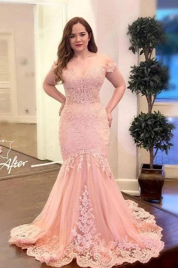 Pink Long Mermaid Off-the-shoulder Lace Formal Prom Dress by BIZTUNNEL
