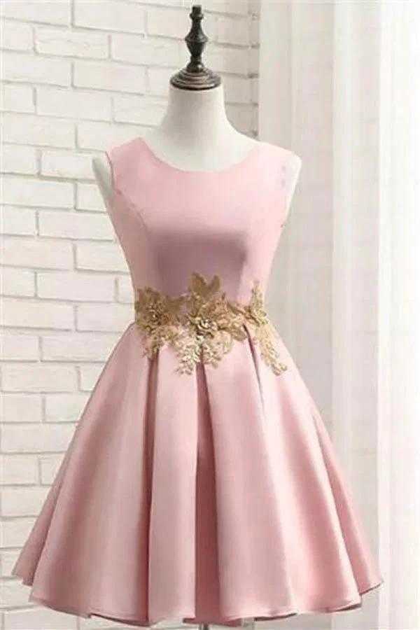 Pink Short Prom Dress Satin Homecoming Dress with Gold Applique PD116 by pgmdress