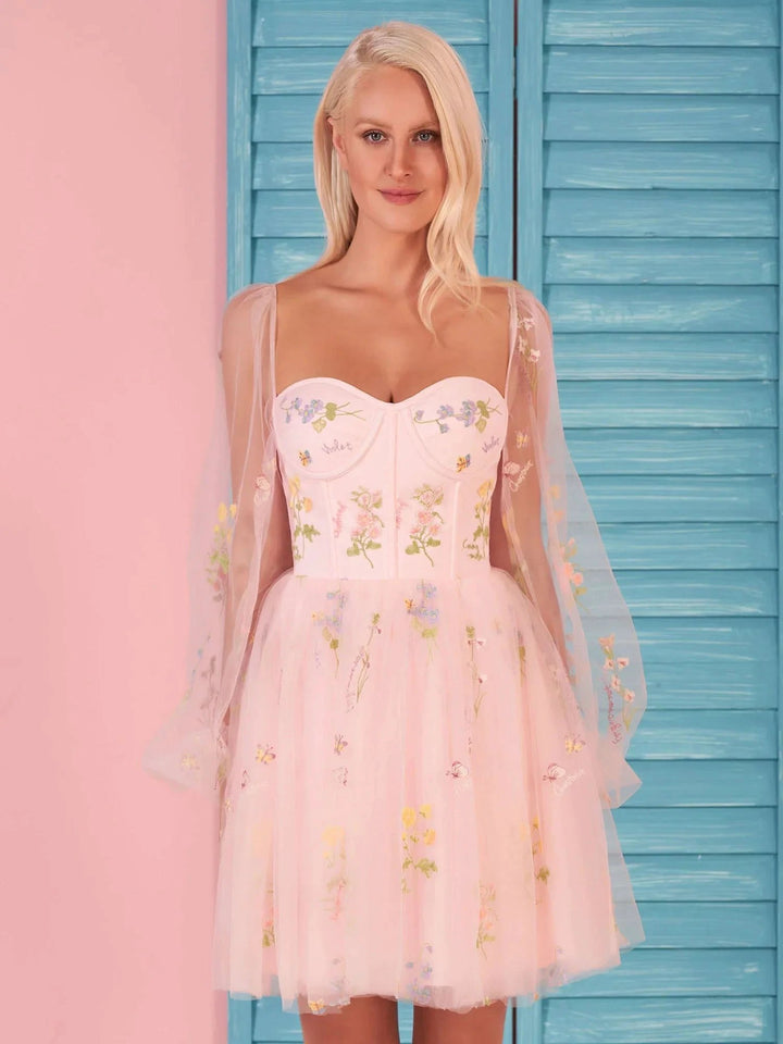 Sweetheart Embroidery Short-Length Tulle Puff Sleeves Cocktail Dress by KissProm