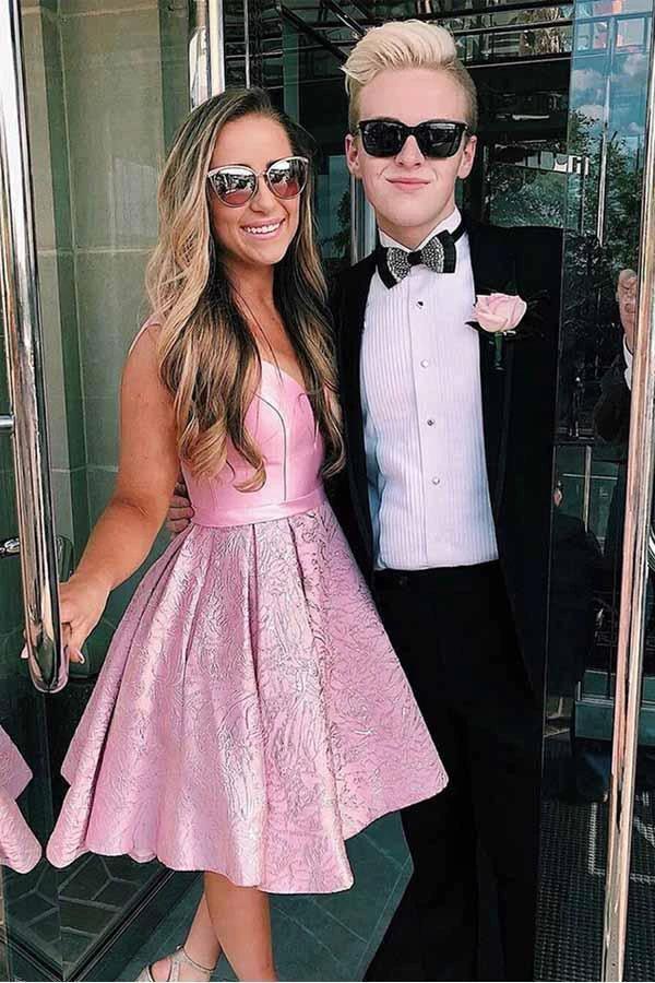Pink V-Neck Pleated Satin Short Homecoming Dress With Pockets PD278 by pgmdress