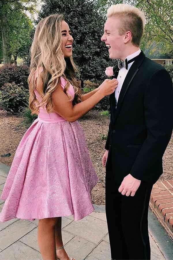 Pink V-Neck Pleated Satin Short Homecoming Dress With Pockets PD278 by pgmdress