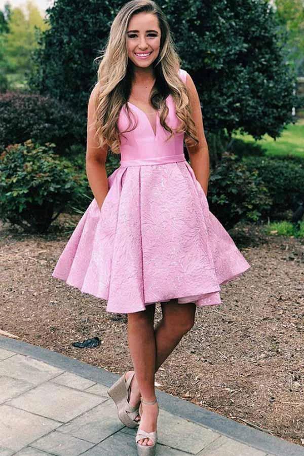 Pink V-Neck Pleated Satin Short Homecoming Dress With Pockets PD278 by pgmdress