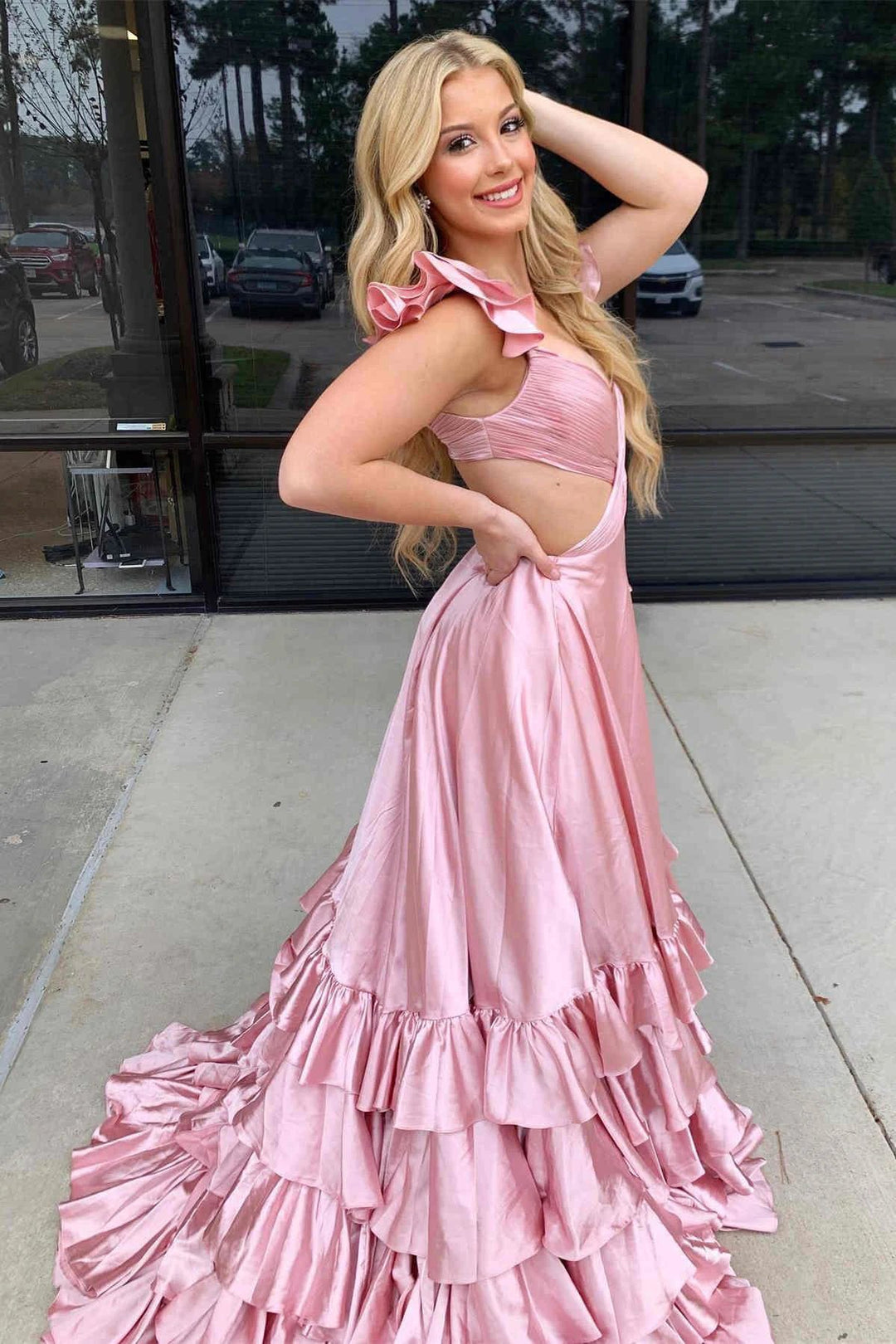 Brittany | Red Cutout Ruffle A-Line Long Prom Dress with Slit by KissProm