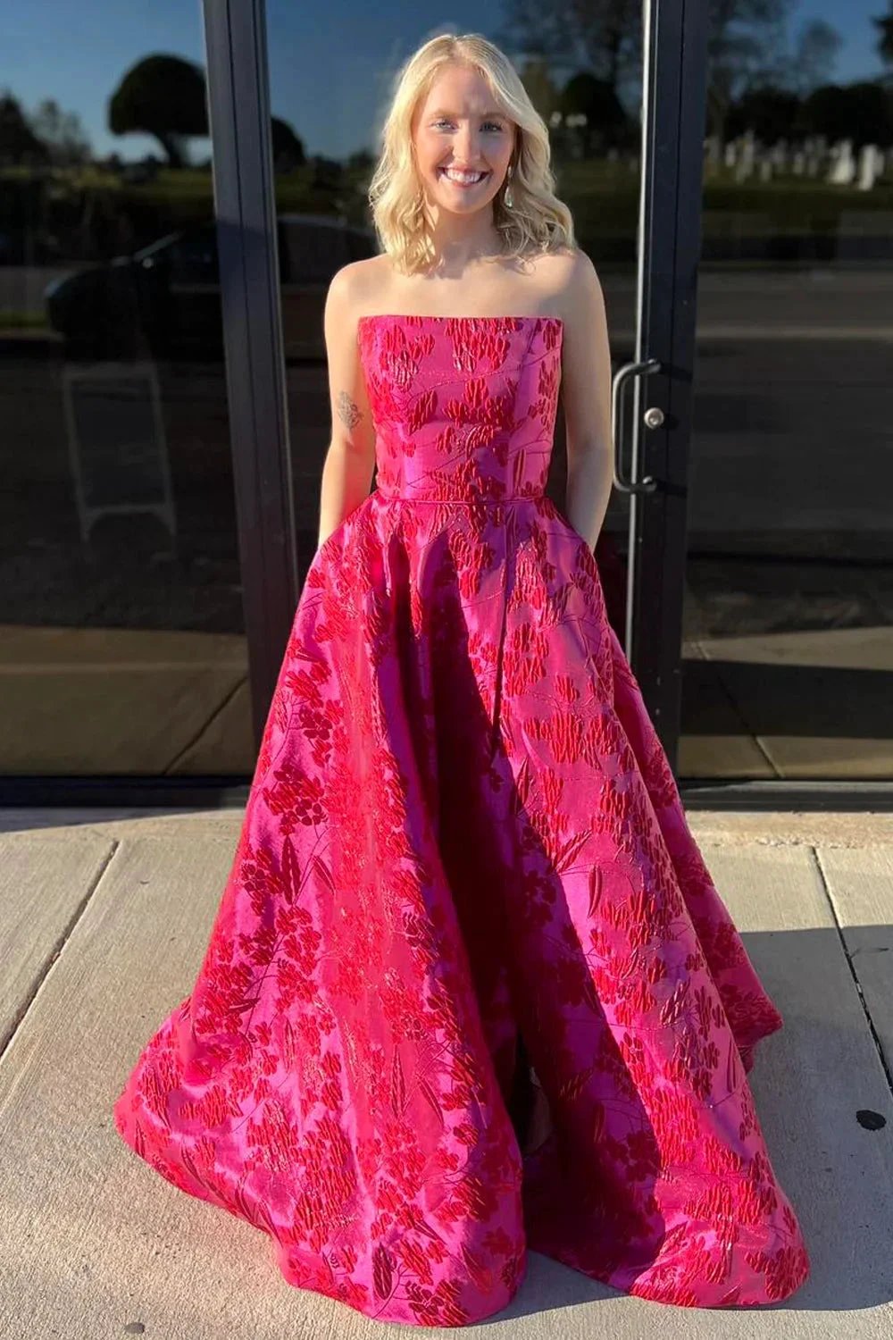 Pixie | Cute A Line Strapless Red Jacquard Satin Prom Dress by KissProm