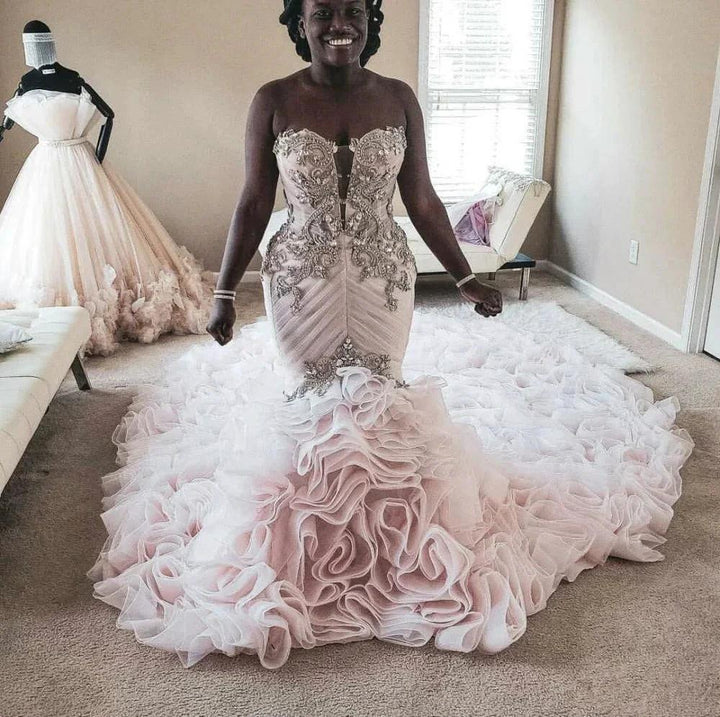 Plus Size Mermaid Crystal Lace Beads Sweetheart Long Train African Custom Made Ruffless Wedding Dress by misshow.com
