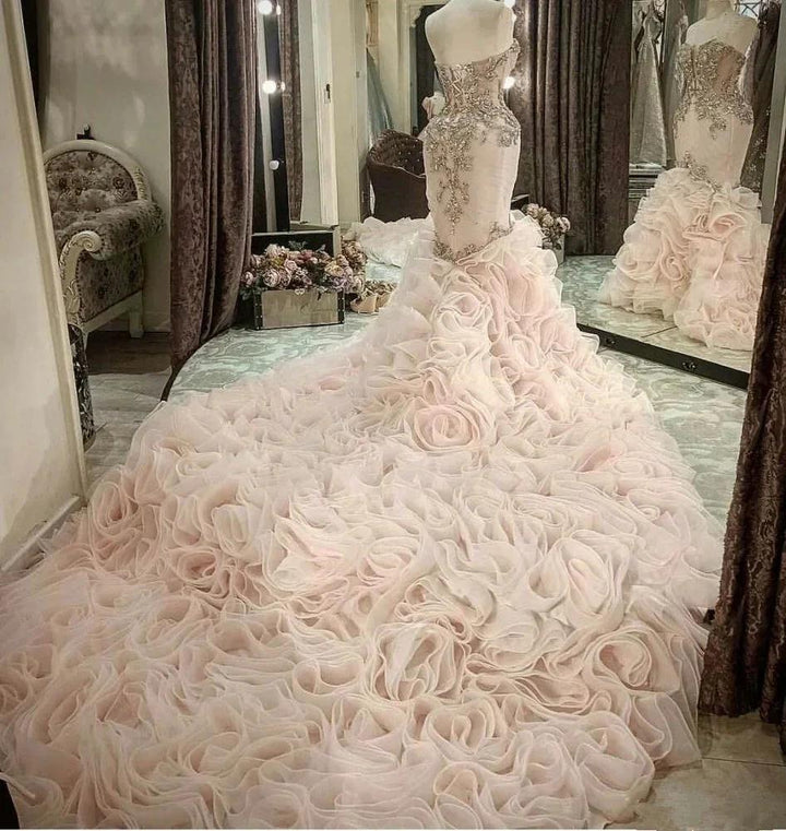 Plus Size Mermaid Crystal Lace Beads Sweetheart Long Train African Custom Made Ruffless Wedding Dress by misshow.com