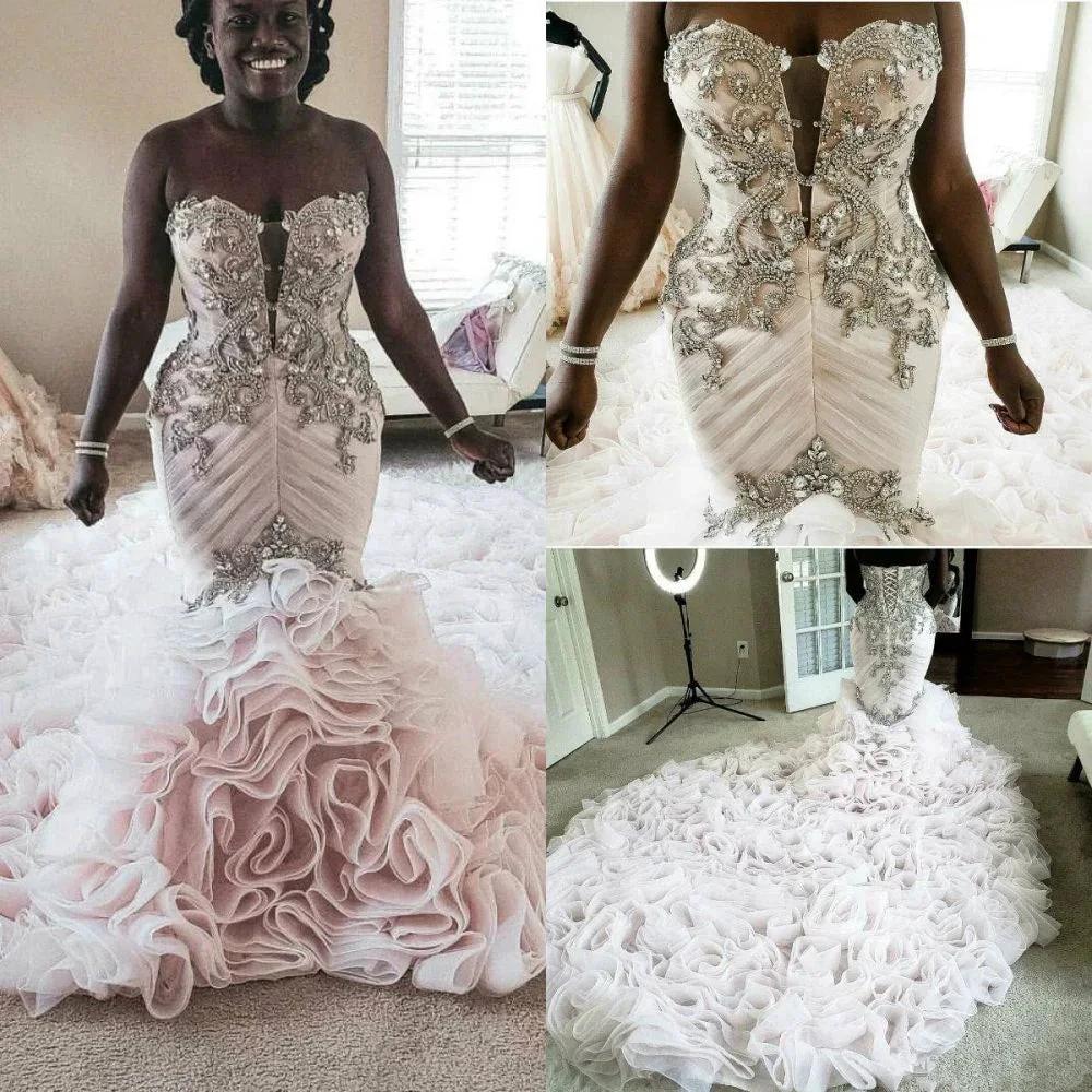 Plus Size Mermaid Crystal Lace Beads Sweetheart Long Train African Custom Made Ruffless Wedding Dress by misshow.com