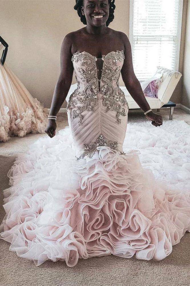 Plus Size Mermaid Crystal Lace Beads Sweetheart Long Train African Custom Made Ruffless Wedding Dress by misshow.com