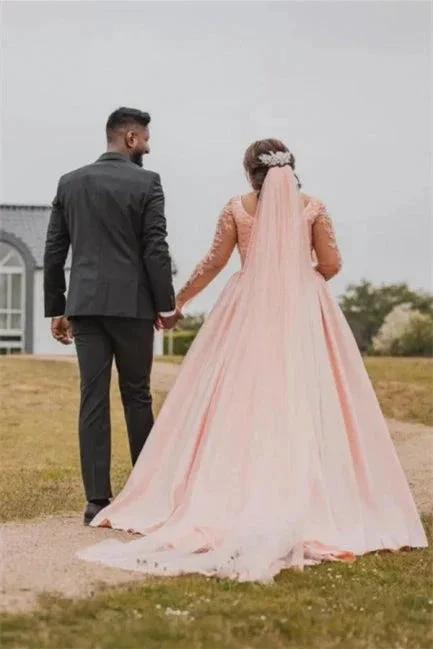 Plus Size Wedding Dress Floral Tulle A-line Bridal Gown with Long Sleeves by misshow.com