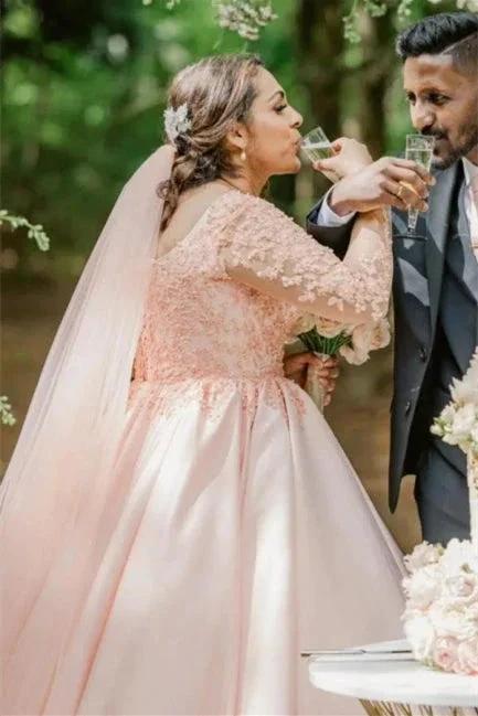 Plus Size Wedding Dress Floral Tulle A-line Bridal Gown with Long Sleeves by misshow.com