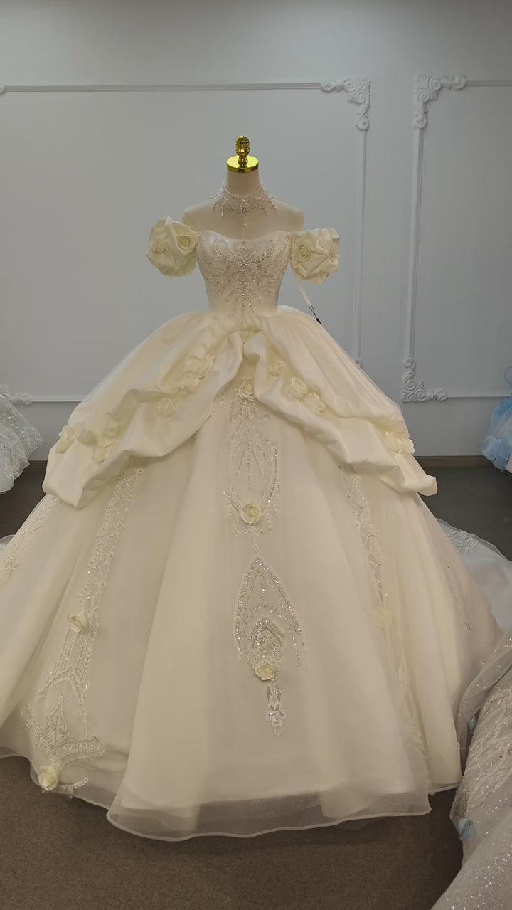 Ivory Rose Off-Shoulder Ballgown Beaded Bust &amp; 3D Flower Skirt