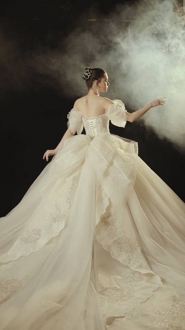 Elegante vestido de novia con hombros descubiertos, escote corazón, tul, mangas abullonadas, encaje con cuentas y cola festoneada E-306