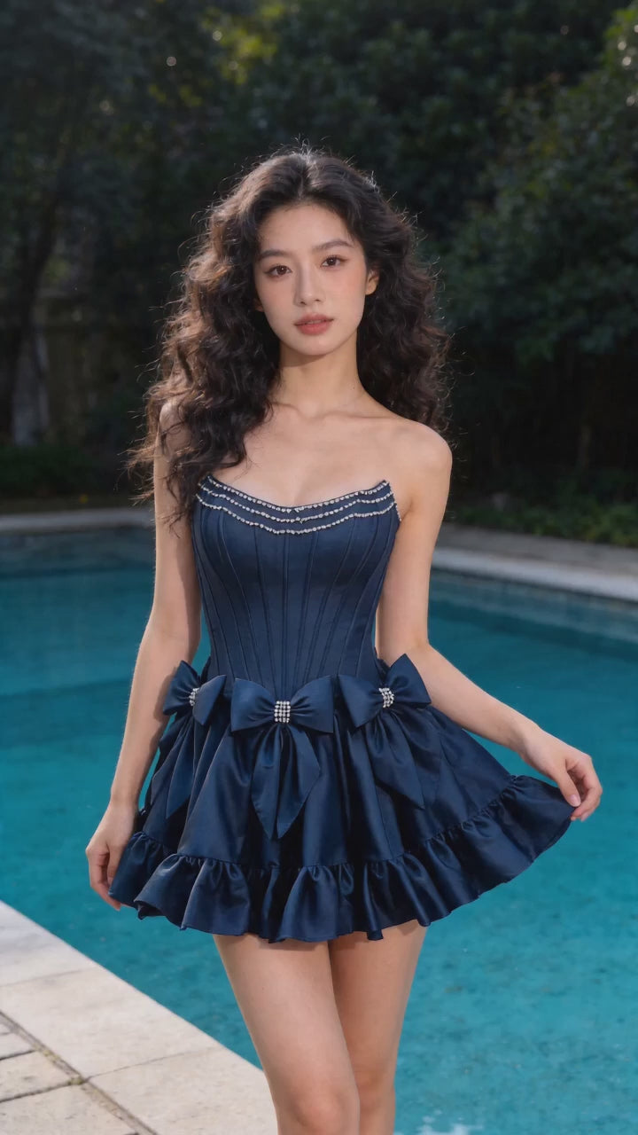 Robe corset mini bleu marine sans bretelles avec nœuds en cristal et garniture perlée