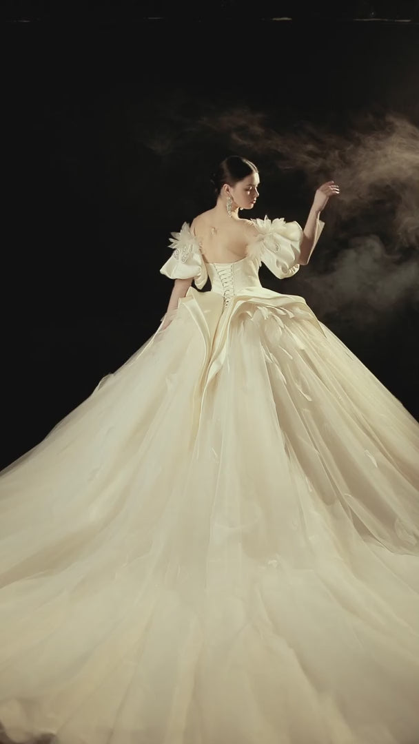 Robe de bal somptueuse pour bien-aimée en satin, manches bouffantes, bordure en plumes, robe de mariage perlée avec traîne fluide E-302