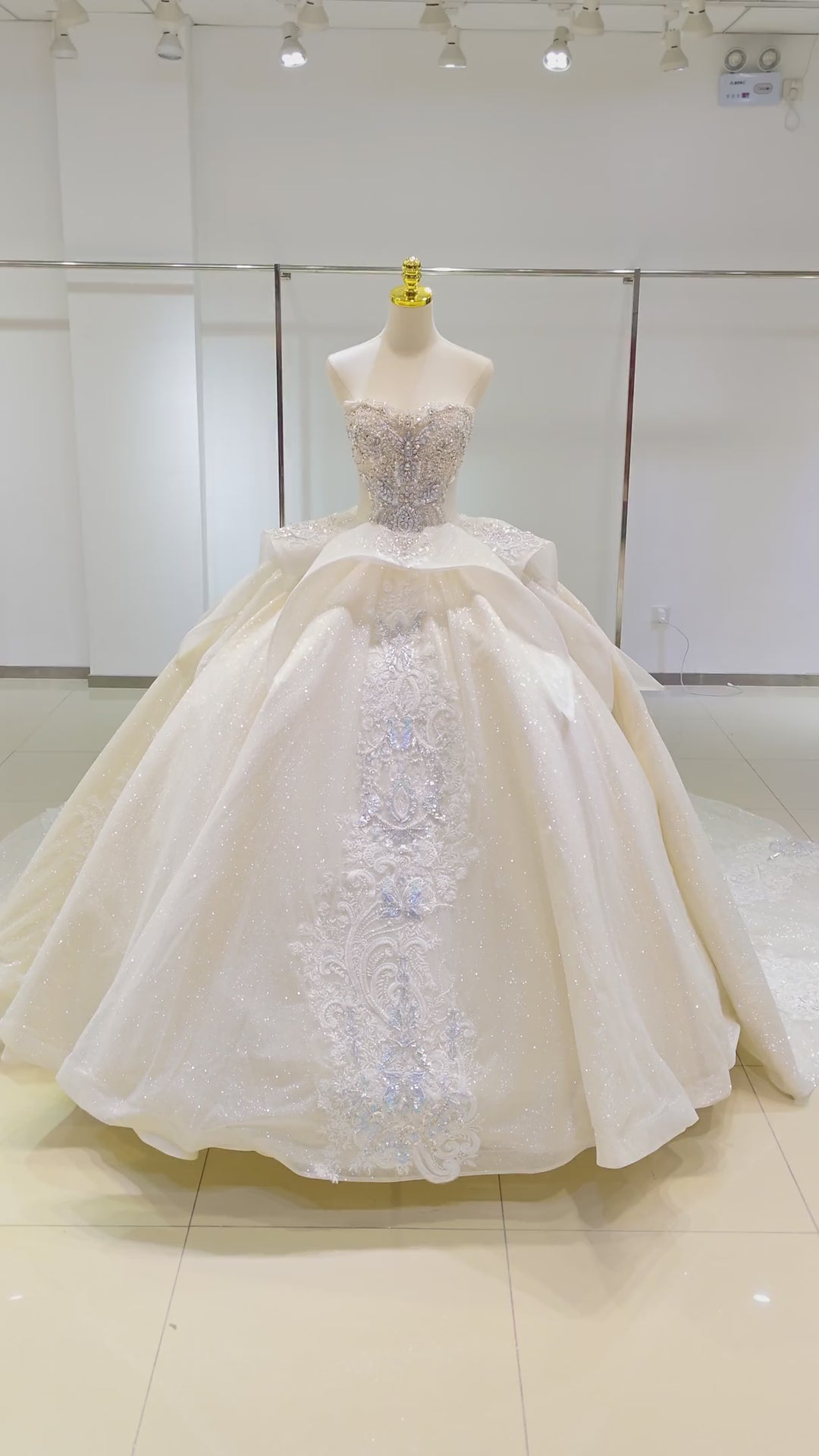 Ivory Glimmer Strapless Ballgown: Iridescent Beaded Bust &amp; Flowing Train