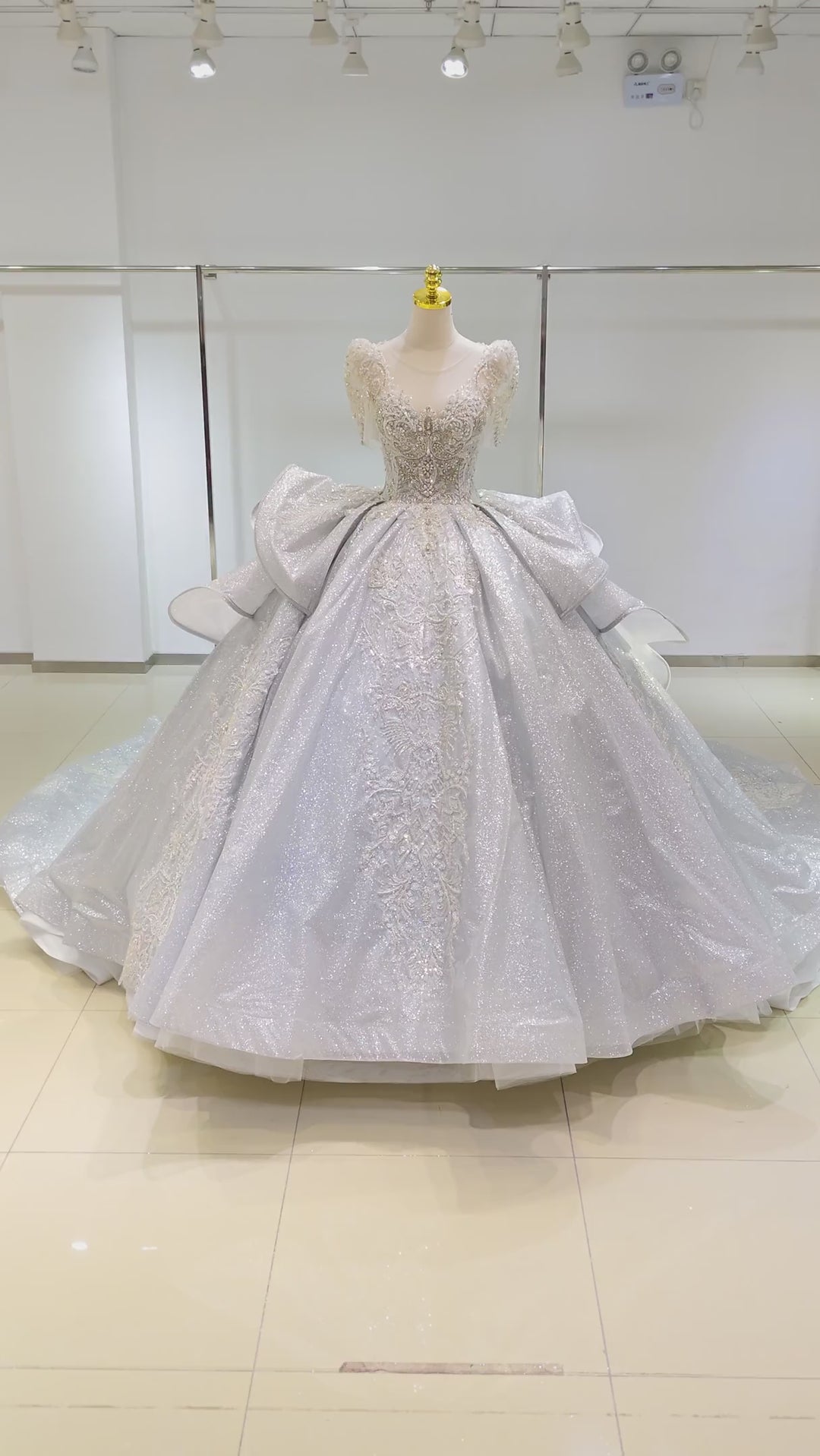 Silver Glimmer V-Neck Ballgown: Crystal-Embroidered Bust &amp; Dramatic Bow Train