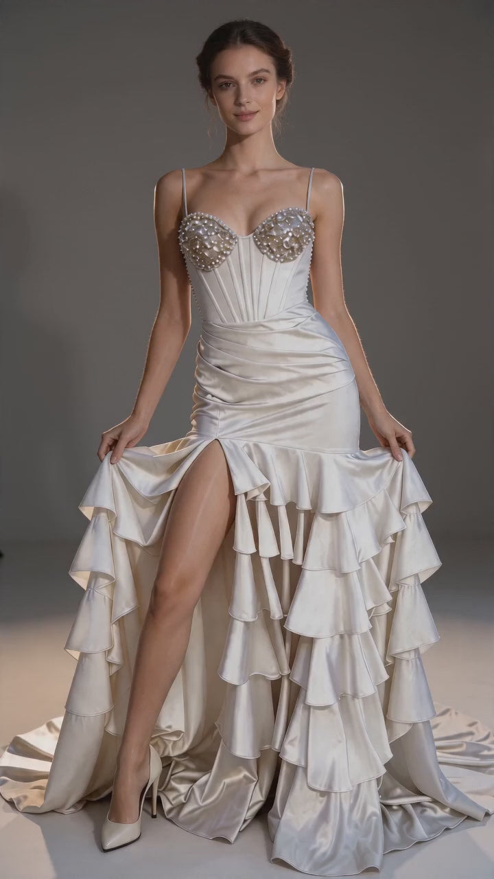 Ärmelloses Meerjungfrau-Satin-Abendkleid mit offenen Schultern, abgestuften Rüschen und Korsett-Oberteil