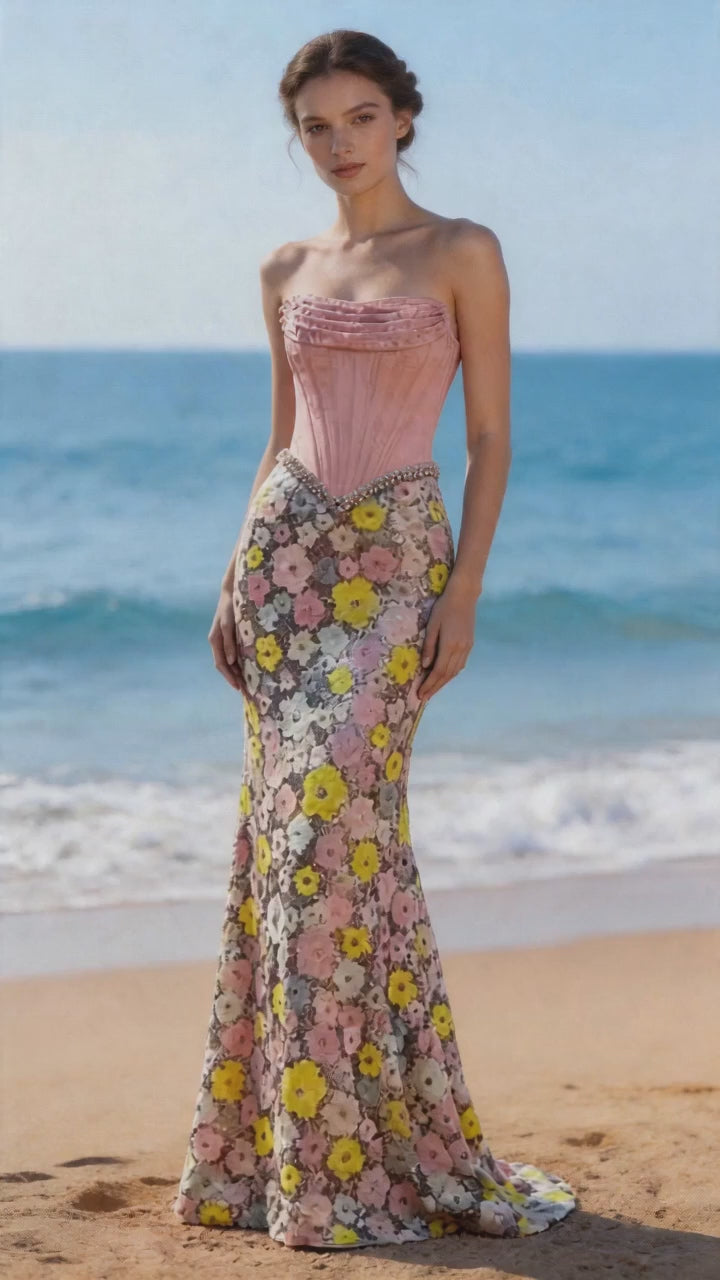 Robe de bal sirène fleurie corset rose, robe de soirée élégante sans bretelles