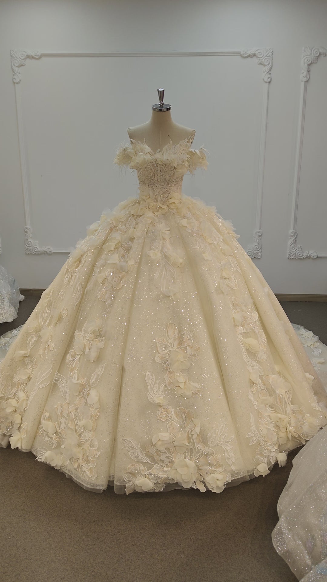 Robe de mariée éthérée à épaules dénudées, jupon bouffant avec applications florales en relief, perles et tulle pailleté Ye-2038