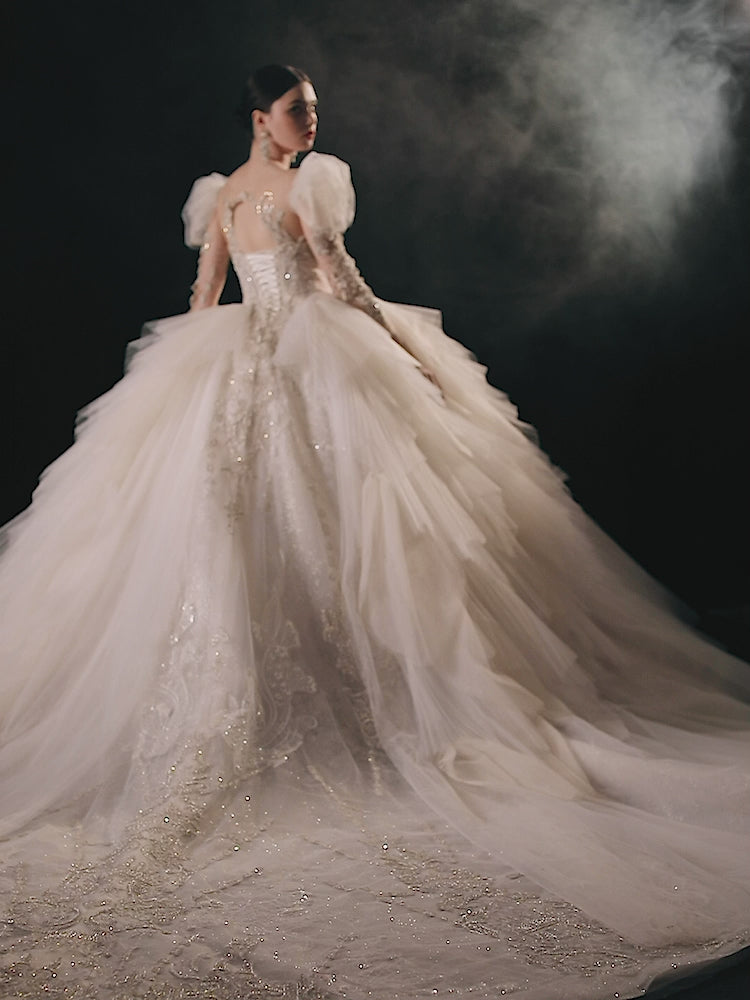 Magnificent Off-the-Shoulder Ball Gown Sweetheart Neckline Tulle Puff Sleeve Beaded Lace Long-Sleeve Wedding Dress with Layered Train E-301