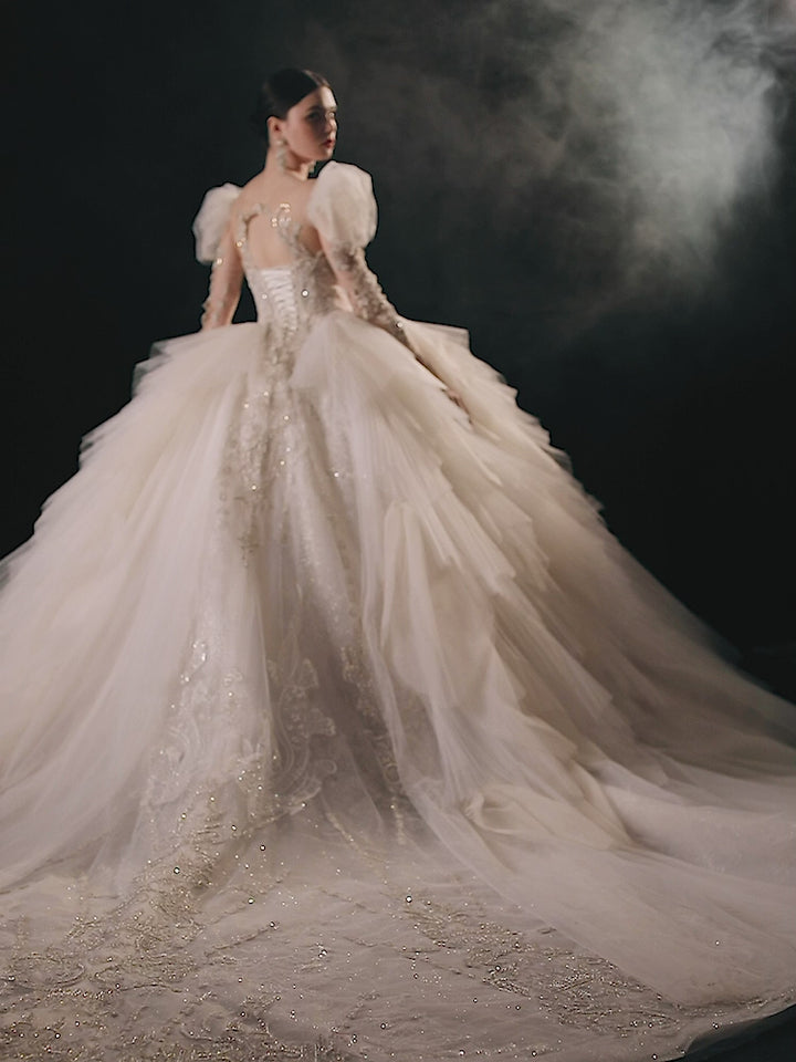 Magnificent Off-the-Shoulder Ball Gown Sweetheart Neckline Tulle Puff Sleeve Beaded Lace Long-Sleeve Wedding Dress with Layered Train E-301