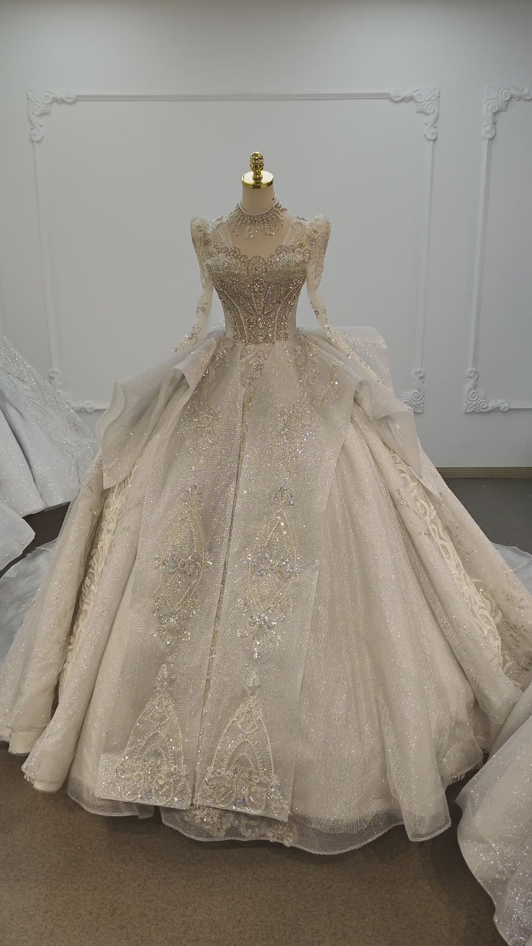 Gorgeous High-Neck Sequin Ball Gown Wedding Dress with Crystal Embroidery &amp; Sheer Long Sleeves Ye-2021