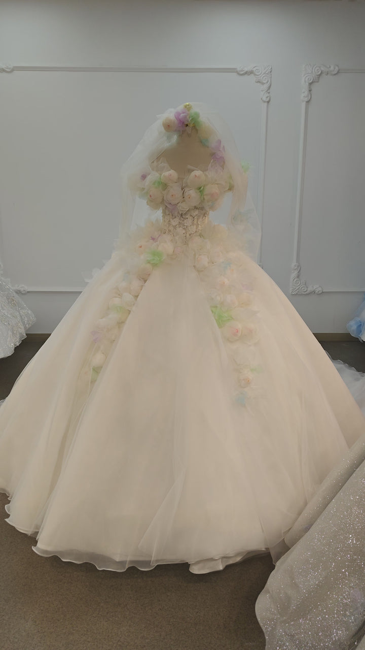 Robe de mariée princesse fantaisiste avec fleurs pastel en relief et traîne en tulle transparent Ye-2039