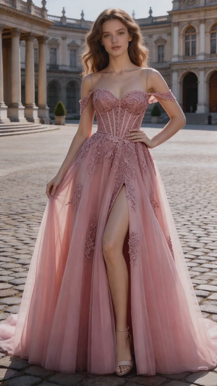 Staubrosa schulterfreies Spitzenkorsettkleid   Tüll-A-Linien-Abendkleid mit Schlitz