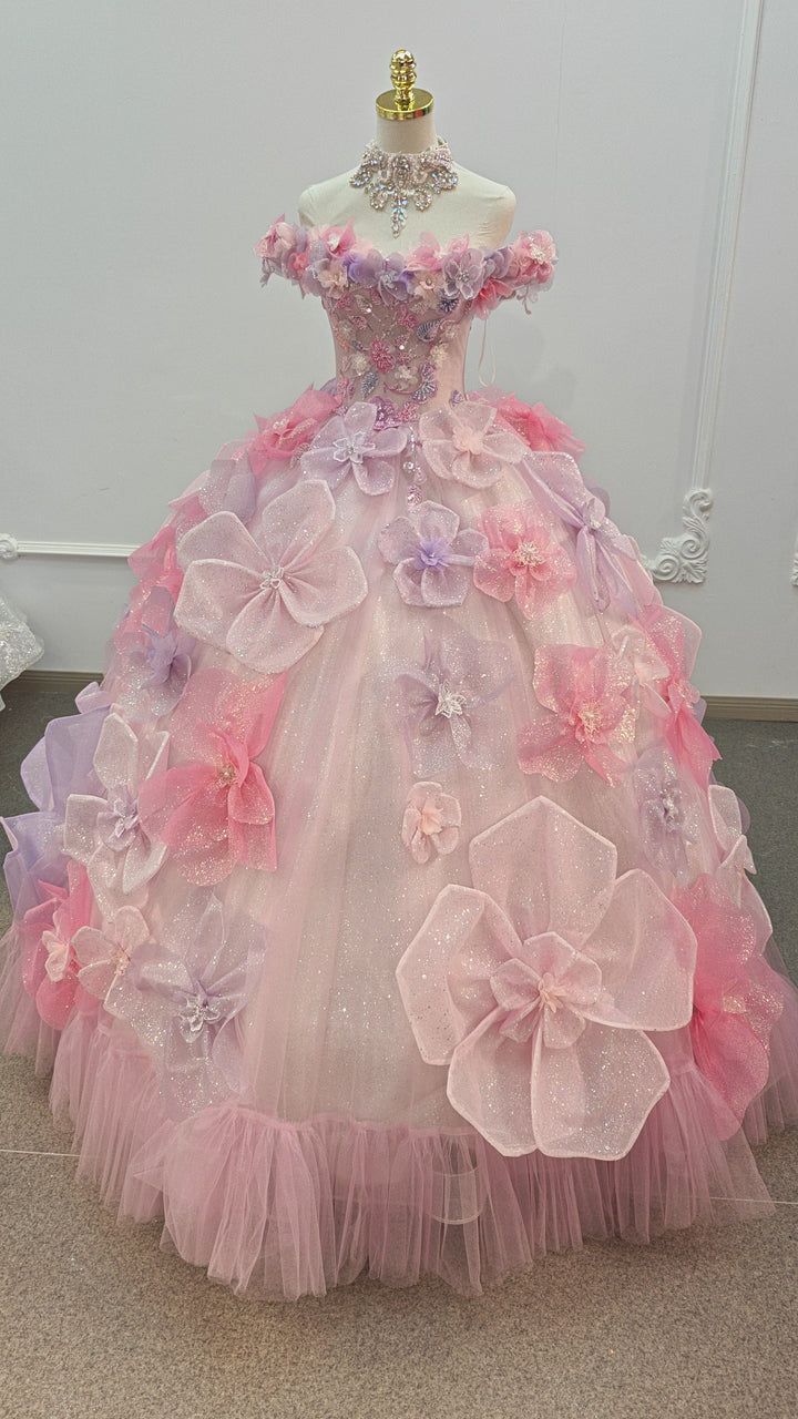 Bezauberndes schulterfreies Ballkleid in Pastellrosa und Lila mit 3D-Glitzerblumen und Kristallkragen Ye-2027