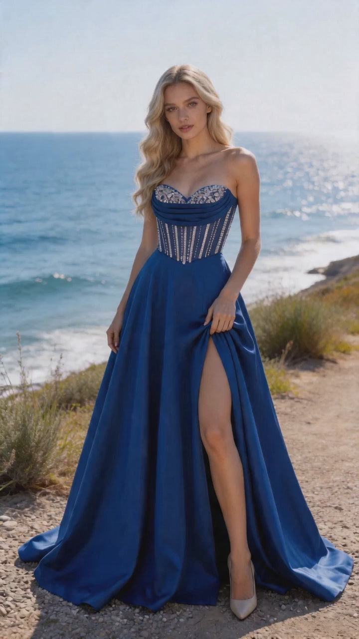 Königlich blaues trägerloses Korsett-Ballkleid mit Kristallbesatz und Schlitz
