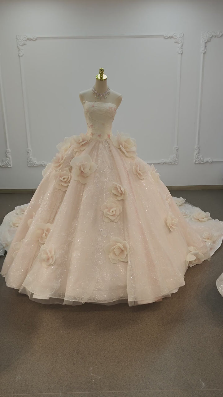 Romantic Blush Ball Gown Strapless 3D Rose Embellished Beaded Wedding Dress with Sparkling Train Ye-2019