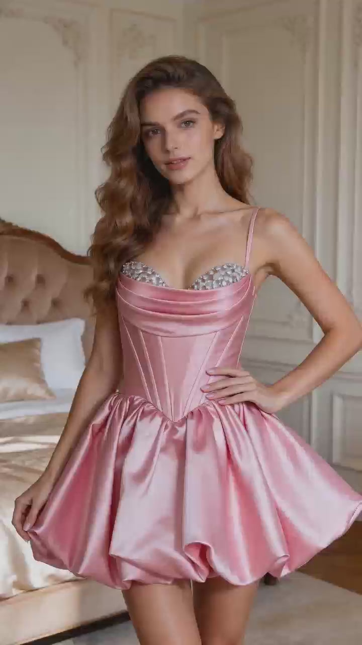 Pink Satin Rhinestone Corset Mini Dress