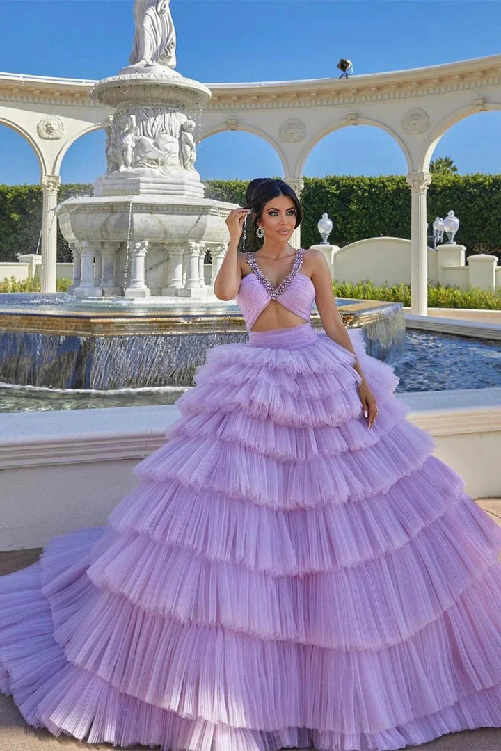 Vestido de cerimónia lilás princesa com alças, folhos e sem mangas em corte evasê