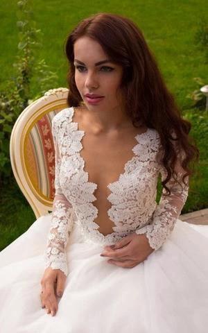 Princess A-Line V-Neck Tulle Ivory Long Sleeves Wedding Dresses WD181 by pgmdress
