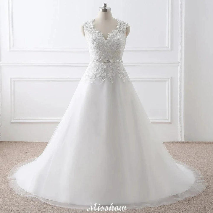 Princess Lace V-neck Tulle Elegant Wedding Dress by misshow.com
